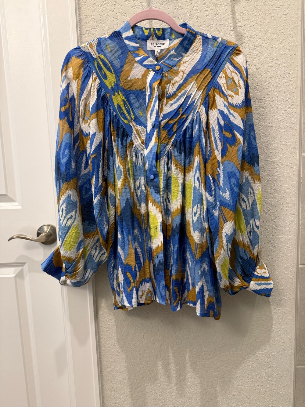 ee:some Blue and gold Multi-Pattern Button Front Women's Blouse